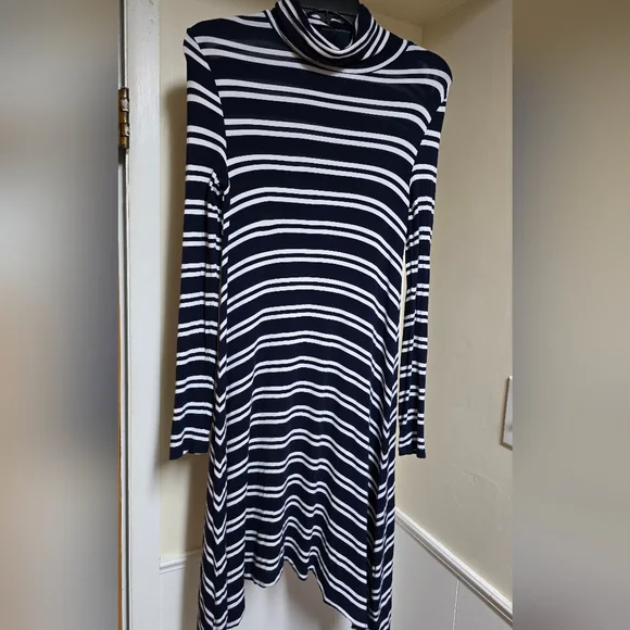 Anthropologie Maeve Navy and White Striped HIgh Neck Asymmetrical Dress XS - Picture 7 of 8